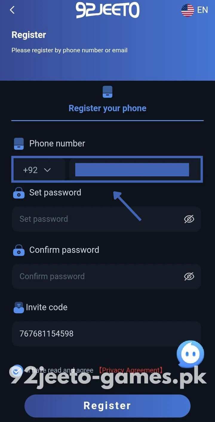 Enter Phone for Register